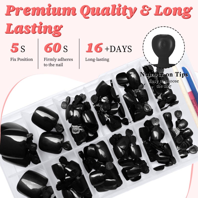 LuckForever 168pc Press on Toenails Women Fake Toe Nails with Glue Tabs, Black Fake Toenails Press on Nails Short Square Acrylic Toe Nail Tips False Toenails Feet Artificial Toe Nails Press ons - Image 5