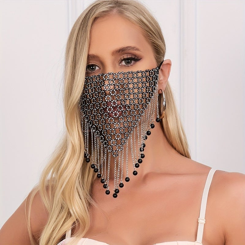 Shiny Plum Blossom Rhinestone Mask with Metal Tassel Chain Pendant - Breathable Mesh, Elegant Solid Color Design for Women, Perfect for Performances, Christmas Parties & Special Occasions - Image 1