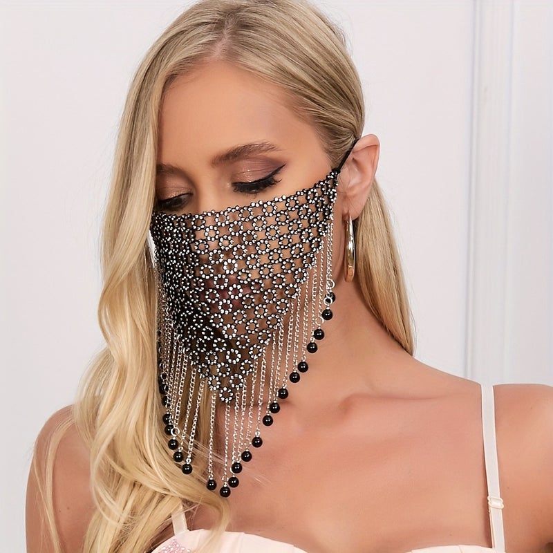 Shiny Plum Blossom Rhinestone Mask with Metal Tassel Chain Pendant - Breathable Mesh, Elegant Solid Color Design for Women, Perfect for Performances, Christmas Parties & Special Occasions - Image 3