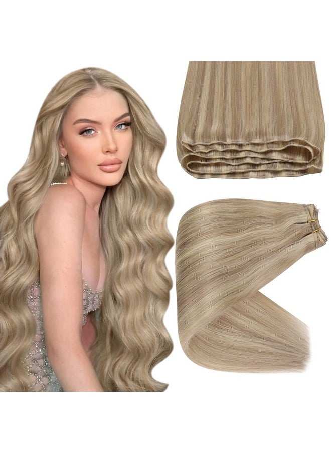 Sunny Hair Sunny Sew In Hair Extensions Blonde Hair Extensions Weft Real Human Hair Dark Ash Blonde Mix Golden Blonde Weft Hair Extensions Human Hair Blonde Sew In Human Hair Extensions For Wedding 18Inch 100G  - Image 1