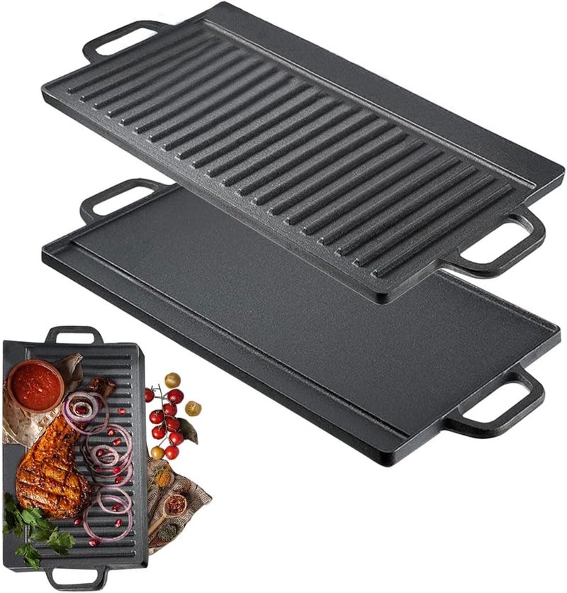 Reversible Cast Iron Griddle, Pre-Seasoned Reversible Grill Pan Plate with Handles, Double Sided Baking Tray Induction Stove Top Campfire Portable Black Rock BBQ Grill for Oven Gas Hob Indoor Outdoor - Image 1