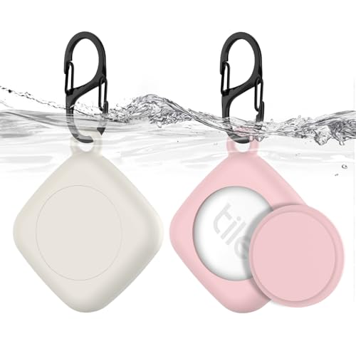 SGHLDE Silicone Case for Life360 Tile Tracker 2 Pack, for Tile Mate 2022 Full Body IPX8 Waterproof and Anti-Scratch Protective with Carabiner for Kids, Keys, Luggage, Cat/Dog Collar Tag (Off White+Pink) - Image 1