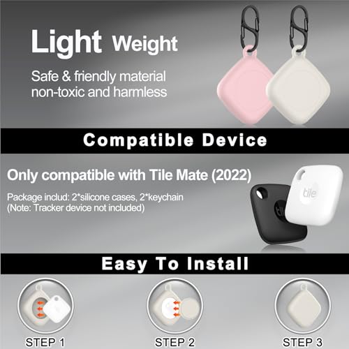 SGHLDE Silicone Case for Life360 Tile Tracker 2 Pack, for Tile Mate 2022 Full Body IPX8 Waterproof and Anti-Scratch Protective with Carabiner for Kids, Keys, Luggage, Cat/Dog Collar Tag (Off White+Pink) - Image 5