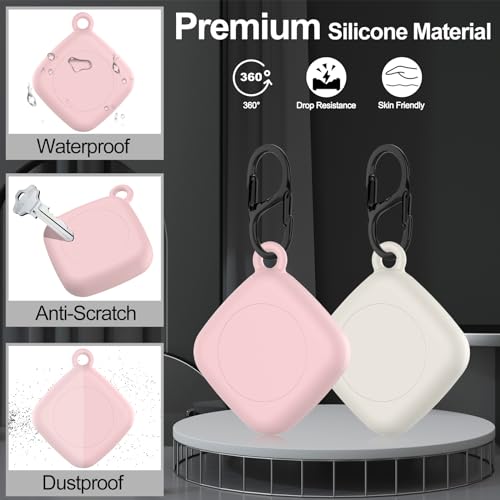 SGHLDE Silicone Case for Life360 Tile Tracker 2 Pack, for Tile Mate 2022 Full Body IPX8 Waterproof and Anti-Scratch Protective with Carabiner for Kids, Keys, Luggage, Cat/Dog Collar Tag (Off White+Pink) - Image 3