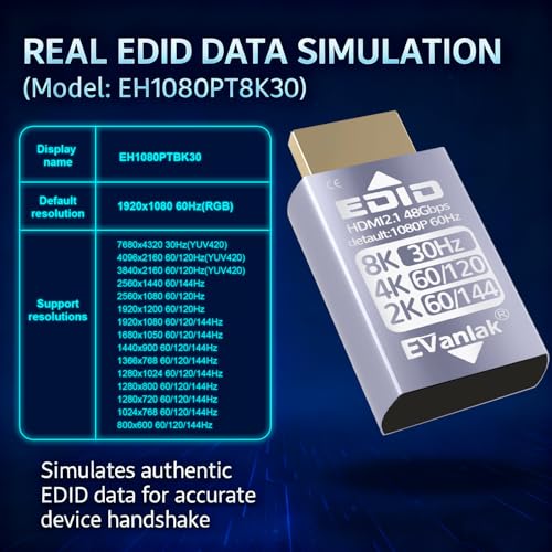 EVanlak HDMI Passthrough EDID Emulator Adapter - Dummy Plug Virtual Monitor Headless Ghost Display, 1080P@60Hz to 8K@30Hz Resolution, 1 Pack - Image 4