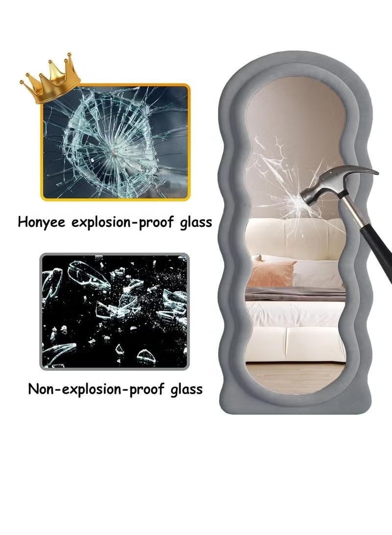 Vphom Full-Length Floor Mirror with Stand, 160x60 cm Irregular Wavy Mirror, Flannel-Wrapped Wooden Frame  Grey, Wall-Mounted Standing Full-Body Mirror for Bedroom, Living Room, Dressing Room - Image 4
