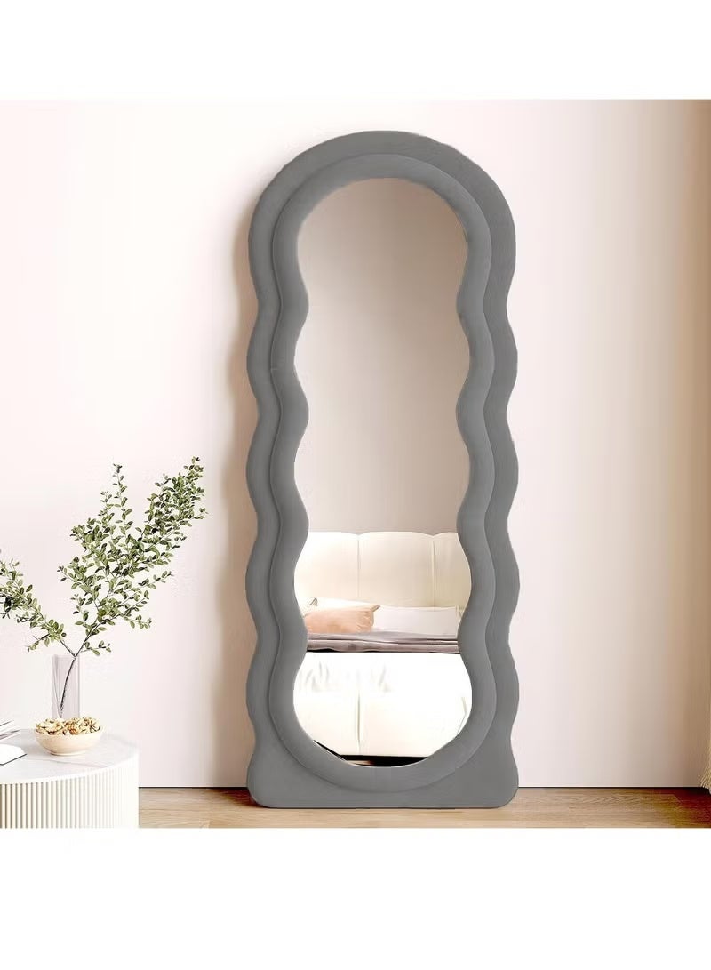 Vphom Full-Length Floor Mirror with Stand, 160x60 cm Irregular Wavy Mirror, Flannel-Wrapped Wooden Frame  Grey, Wall-Mounted Standing Full-Body Mirror for Bedroom, Living Room, Dressing Room - Image 1