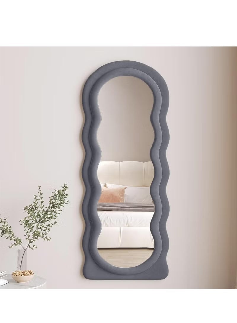 Vphom Full-Length Floor Mirror with Stand, 160x60 cm Irregular Wavy Mirror, Flannel-Wrapped Wooden Frame  Grey, Wall-Mounted Standing Full-Body Mirror for Bedroom, Living Room, Dressing Room - Image 3
