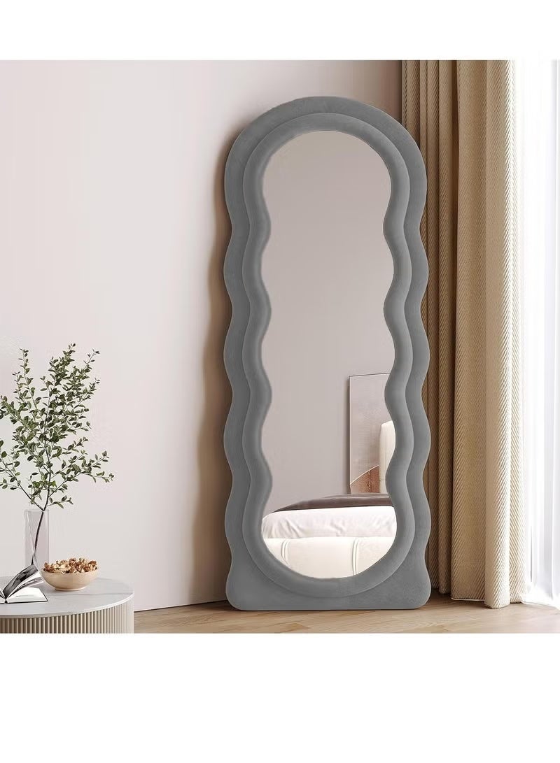 Vphom Full-Length Floor Mirror with Stand, 160x60 cm Irregular Wavy Mirror, Flannel-Wrapped Wooden Frame  Grey, Wall-Mounted Standing Full-Body Mirror for Bedroom, Living Room, Dressing Room - Image 2