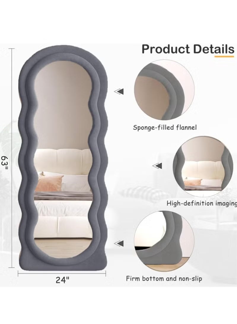 Vphom Full-Length Floor Mirror with Stand, 160x60 cm Irregular Wavy Mirror, Flannel-Wrapped Wooden Frame  Grey, Wall-Mounted Standing Full-Body Mirror for Bedroom, Living Room, Dressing Room - Image 5