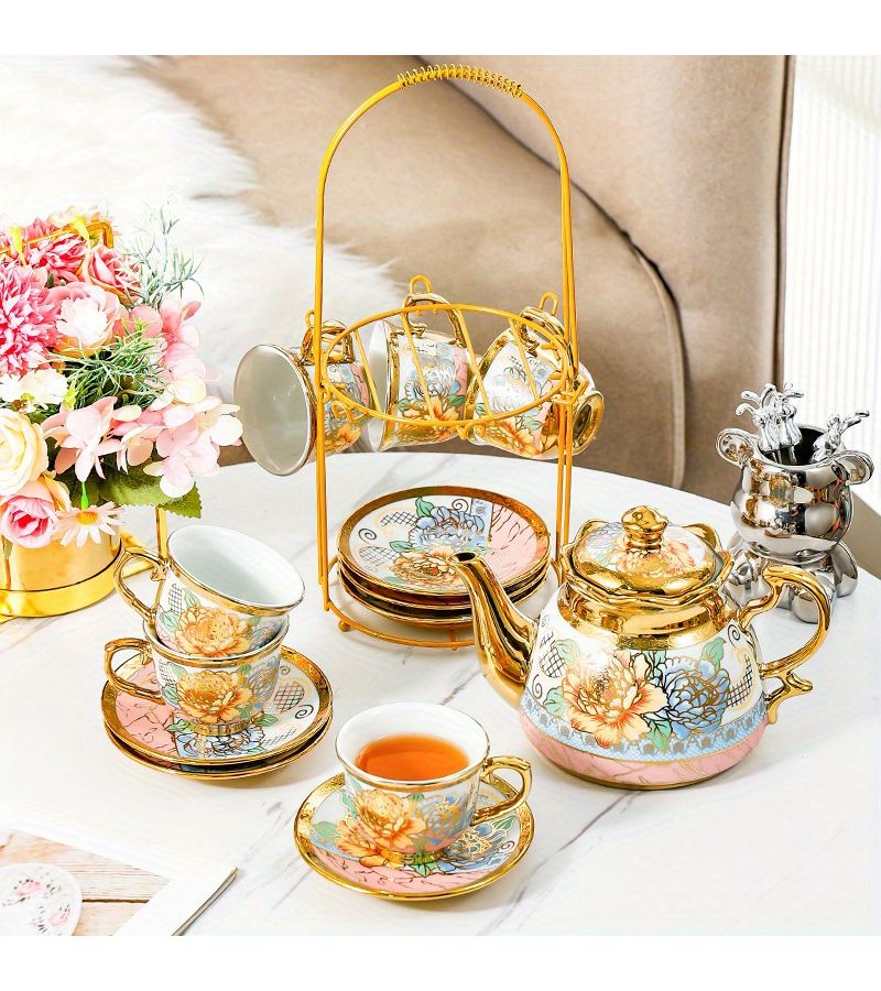 14 Pieces Elegant Ceramic Coffee Set With Metal Cup Holder And Kettle - Image 3