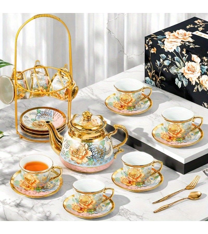 14 Pieces Elegant Ceramic Coffee Set With Metal Cup Holder And Kettle - Image 2
