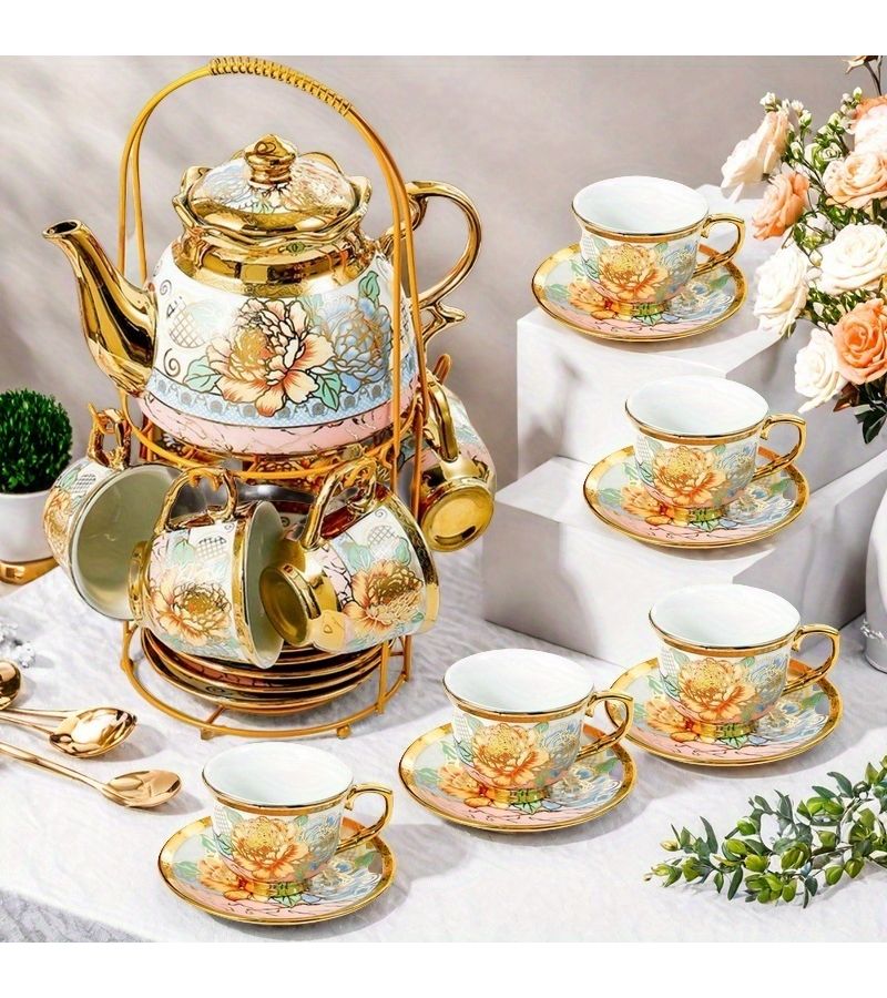 14 Pieces Elegant Ceramic Coffee Set With Metal Cup Holder And Kettle - Image 1
