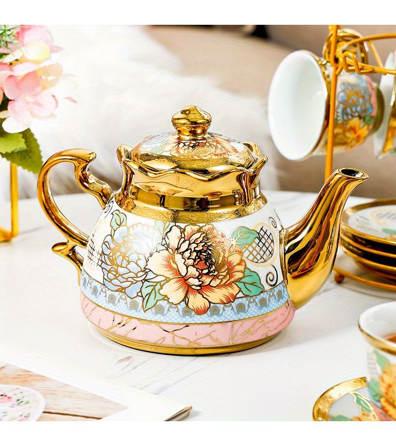 14 Pieces Elegant Ceramic Coffee Set With Metal Cup Holder And Kettle - Image 4