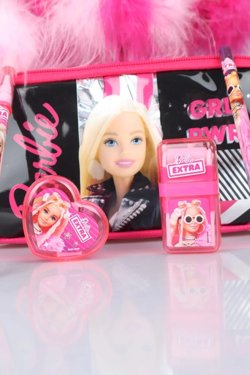 باربي Dekomus Licensed Girl Power Collection Pencil Bag, Feathered Pencil, Heart Pencil Sharpener, Broom Eraser and Pencil Set