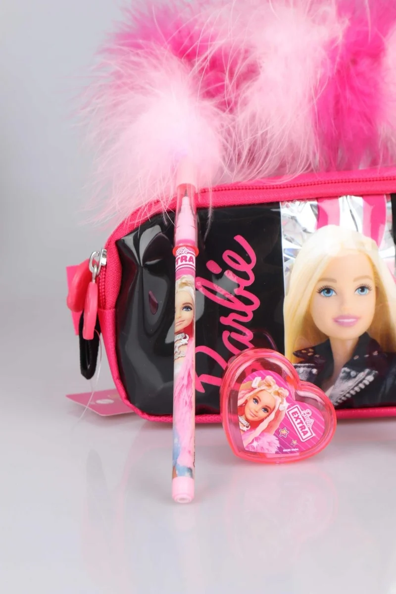 باربي Dekomus Licensed Girl Power Collection Pencil Bag, Feathered Pencil, Heart Pencil Sharpener, Broom Eraser and Pencil Set