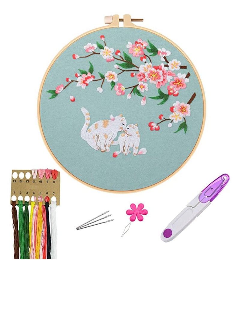 Y&D - Embroidery Kits with Pattern for Beginners Starter, Full Range of Stamped Cross Stitch Kit Hoop, Clothes Cat and Cherry, Thread, Scissor, Gift, DIY - Image 1