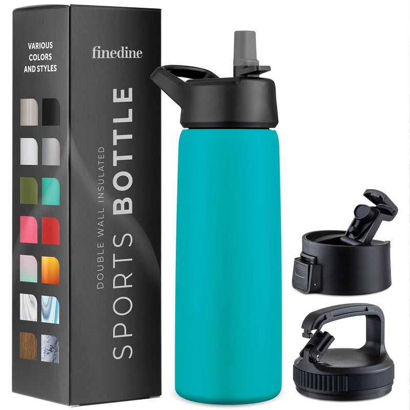 FineDine Water Bottle  Stainless Steel Insulated Water Bottle with Straw Lid Flip Lid  WideMouth Cap  Keeps Hot and Cold  25 Oz  739ml  Cheery Turquoise