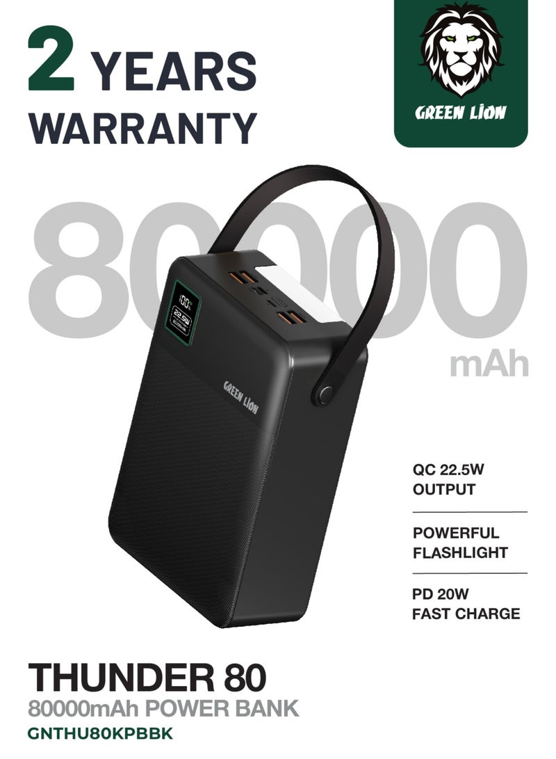 GREEN LION Thunder 80 Power Bank 80000 mAh / PD 20W Fast Charge / Powerful Flashlight / LED Digital Display / 4xUSB-A & 1xUSB-C Port / Long Life Battery / USB-C/Lightning/Micro Input - Black - Image 1
