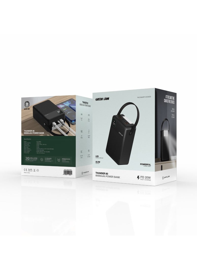 GREEN LION Thunder 80 Power Bank 80000 mAh / PD 20W Fast Charge / Powerful Flashlight / LED Digital Display / 4xUSB-A & 1xUSB-C Port / Long Life Battery / USB-C/Lightning/Micro Input - Black - Image 4