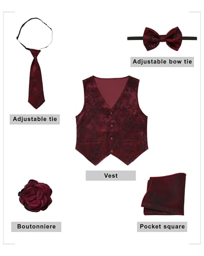 YALLET Boys Formal Vest Paisley Jacquard Necktie Bow tie Corsage Pocket Square Suit Waistcoat Set Wedding 5PCS - Image 3