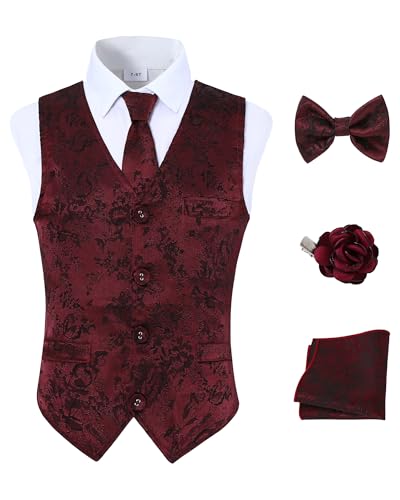 YALLET Boys Formal Vest Paisley Jacquard Necktie Bow tie Corsage Pocket Square Suit Waistcoat Set Wedding 5PCS - Image 1