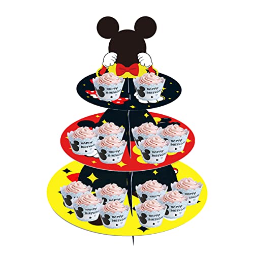 OULUN Large 3-Tier Mickey Minnie Cupcake Stand 12Inch Cardboard Cupcake Tray for Wedding Birthday Baby Shower Mickey Minnie Birthday Party Supplies - Image 1