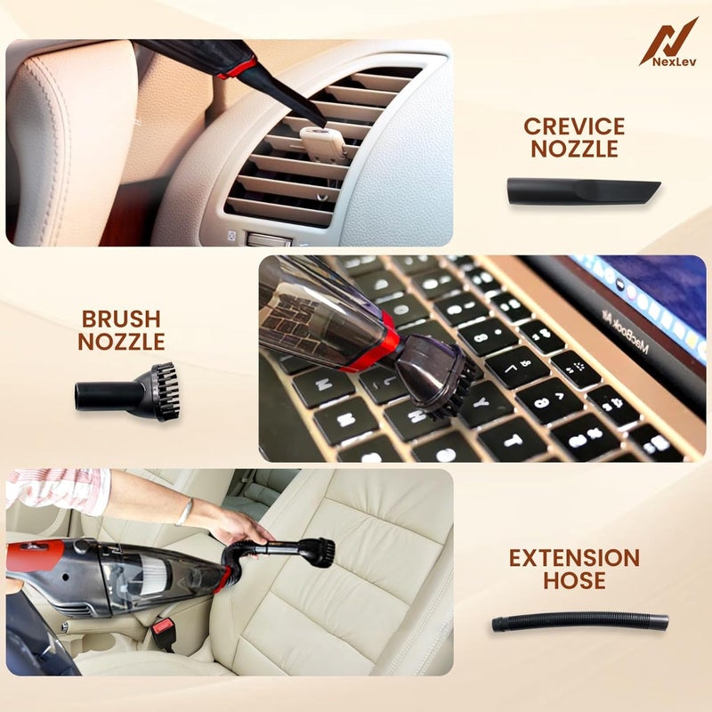 nexlev مكنسة كهربائية لاسلكية رطبة وجافة | للاستخدام في المنزل والسيارة والمكتب | 3 ملحقات | فلتر HEPA لالتقاط الغبار | بطارية 4000 مللي أمبير | تنظيف سريع للمكتب، أو انسكاب القهوة أو الشاي أو الماء | مدمجة وقابلة للحمل | VC-05 - Image 5