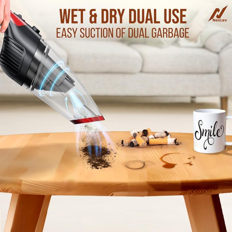 nexlev مكنسة كهربائية لاسلكية رطبة وجافة | للاستخدام في المنزل والسيارة والمكتب | 3 ملحقات | فلتر HEPA لالتقاط الغبار | بطارية 4000 مللي أمبير | تنظيف سريع للمكتب، أو انسكاب القهوة أو الشاي أو الماء | مدمجة وقابلة للحمل | VC-05 - Image 2