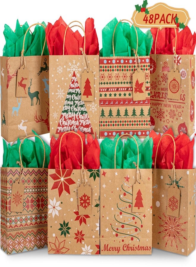Kiddokids 48 Christmas Gift Bags 7" x 8.65" x 3.15", Kraft Holiday Wrapping with Tissue Papers, 48 Gift Tags for Xmas Exchange, Party Favors Goodie Bags, Christmas Gift Box Packaging, Decor - Image 1