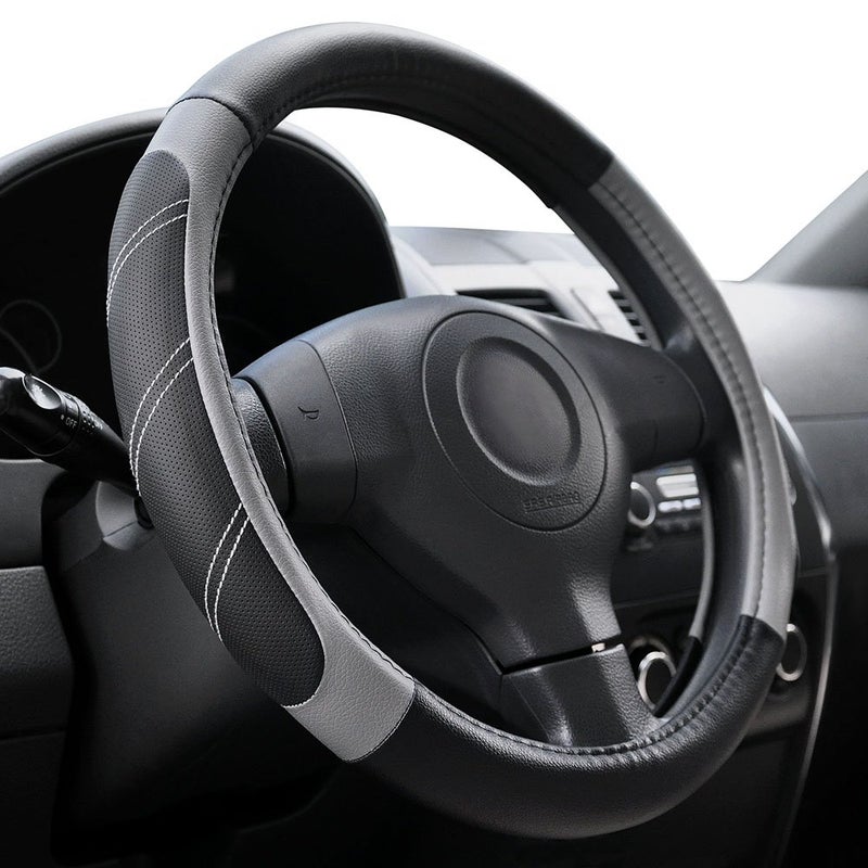 Elantrip Sport Leather Steering Wheel Cover 14 12 inch to 15 inch Universal Padded Soft Grip Breathable for Car Truck SUV Jeep Anti Slip Odorless Black and Gray