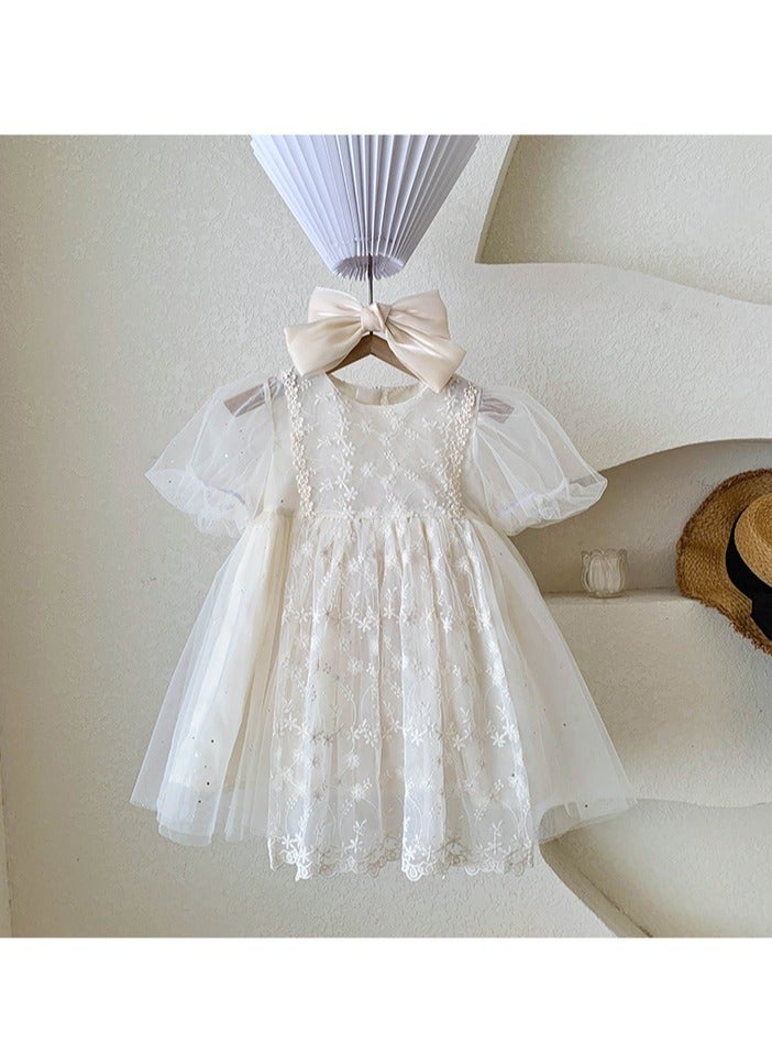 1–2Y Toddler Girl Princess Dress, White Embroidered Tulle Dress, Puff Sleeve Birthday Outfit, Baby Girl Dress for Wedding, Eid, Summer Photo Shoot, Fit for Height 90cm - Image 1