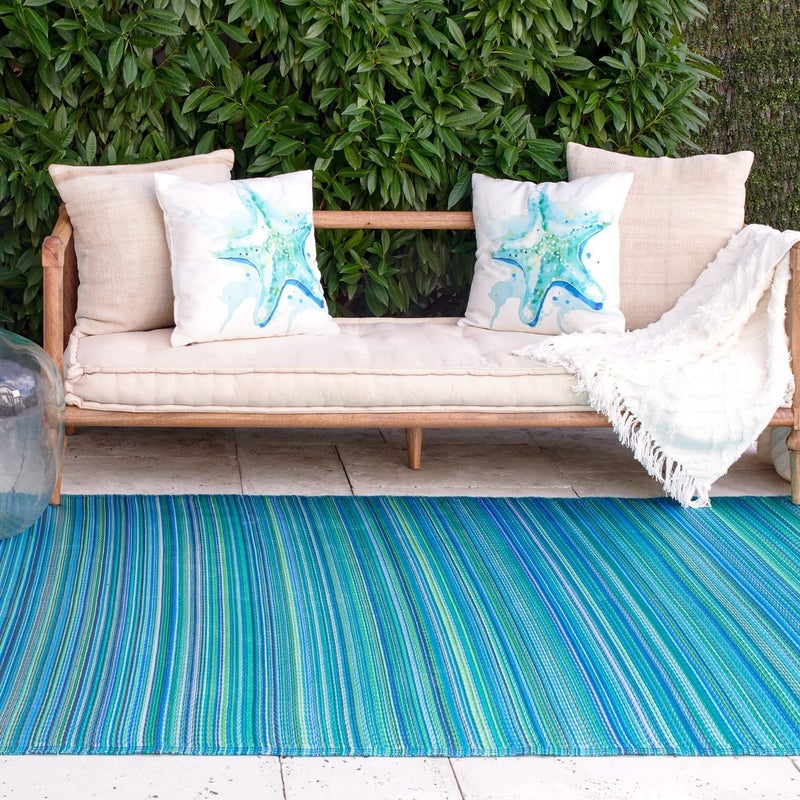 Fab Habitat Outdoor Rug - Waterproof, Fade Resistant, Crease-Free - Premium Recycled Plastic - Striped - Patio, Deck, Porch, Balcony, Laundry Room - Cancun - Turquoise & Moss Green - 4 x 6 ft - Image 1