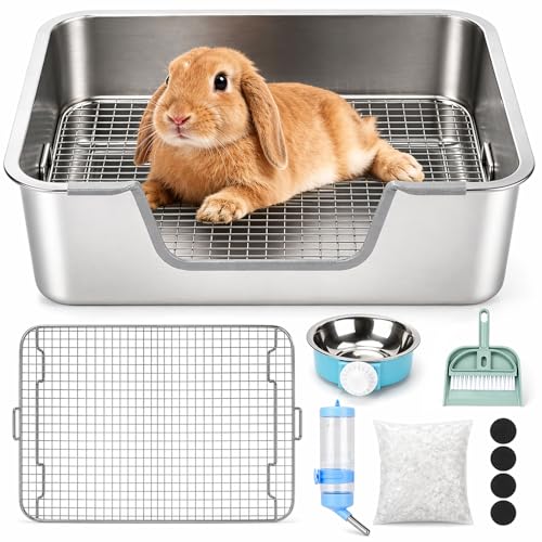 Rypet Large Rabbit Litter Box, Bunny Litter Box High Side with 304 Stainless Steel Sifting Tray, Metal Small Animal Litter Pan with Pet Food Bowl and Water Bottle, Non-Slip Easy to Clean Odor Control - Image 1