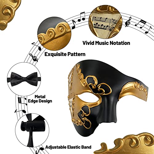 IncreDecor Masquerade Mask for Men Phantom of The Opera Half Face Mask with Bowtie, Venetian Masks for Halloween Party (Black+Gold) - Image 3