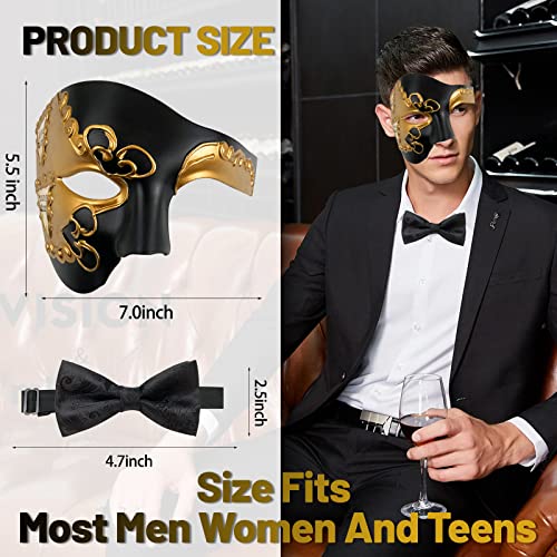 IncreDecor Masquerade Mask for Men Phantom of The Opera Half Face Mask with Bowtie, Venetian Masks for Halloween Party (Black+Gold) - Image 2
