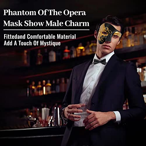 IncreDecor Masquerade Mask for Men Phantom of The Opera Half Face Mask with Bowtie, Venetian Masks for Halloween Party (Black+Gold) - Image 4