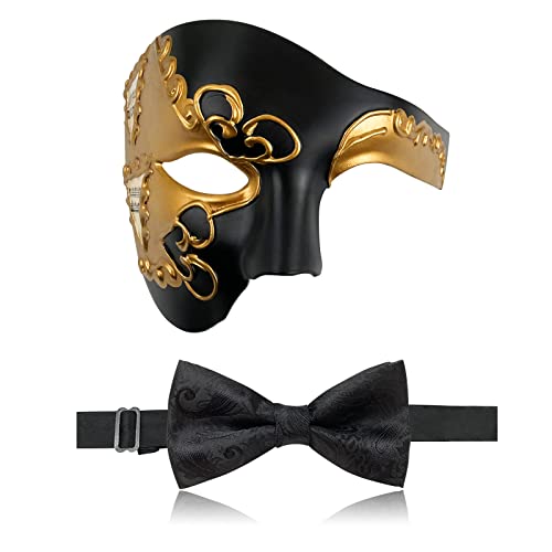 IncreDecor Masquerade Mask for Men Phantom of The Opera Half Face Mask with Bowtie, Venetian Masks for Halloween Party (Black+Gold) - Image 1