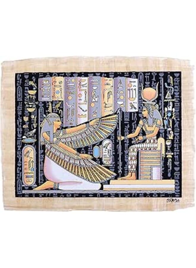 Ancient Egyptian papyrus 30 x 40cm of Goddess Isis and Goddess Ma’at Glow in the dark made in Egypt with Authentic papyrus Leaves. 