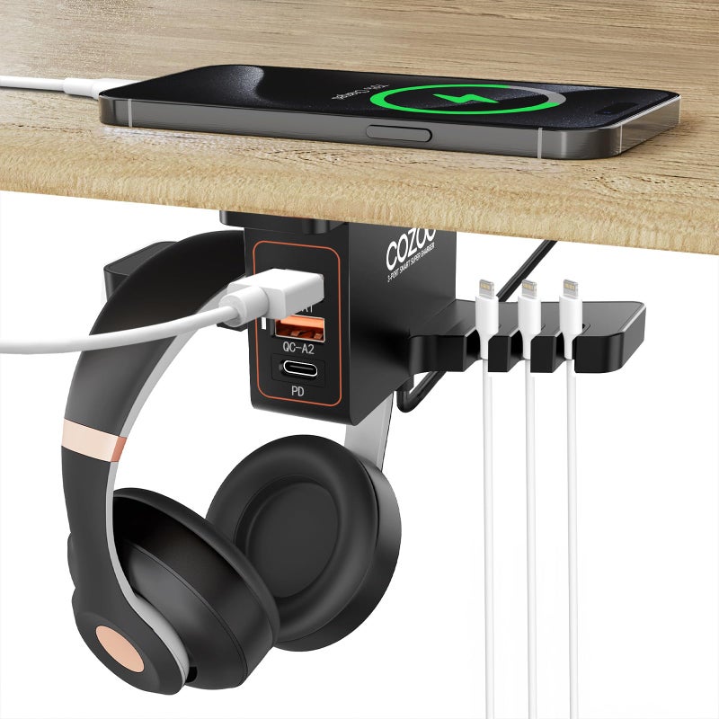 COZOO Headphone Stand with USB Charger Under Desk Headset Holder Mount with 3 Port USB Charging Station 20W PD QC30 and iWatch Stand Smart Watch Charging Dock Dual Earphone Hanger HookUL Tested