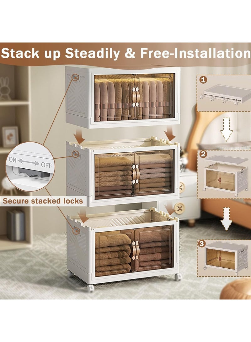 بريمو بلس صندوق تخزين بلاستيكي قابل للطي 4 طبقات مع عجلات وأبواب، صندوق تخزين كبير جدًا مع منظمات للغطاء، صناديق تخزين قابلة للتكديس، منظمات خزانة بباب مزدوج مغناطيسي مع بكرة عالمية - Image 2