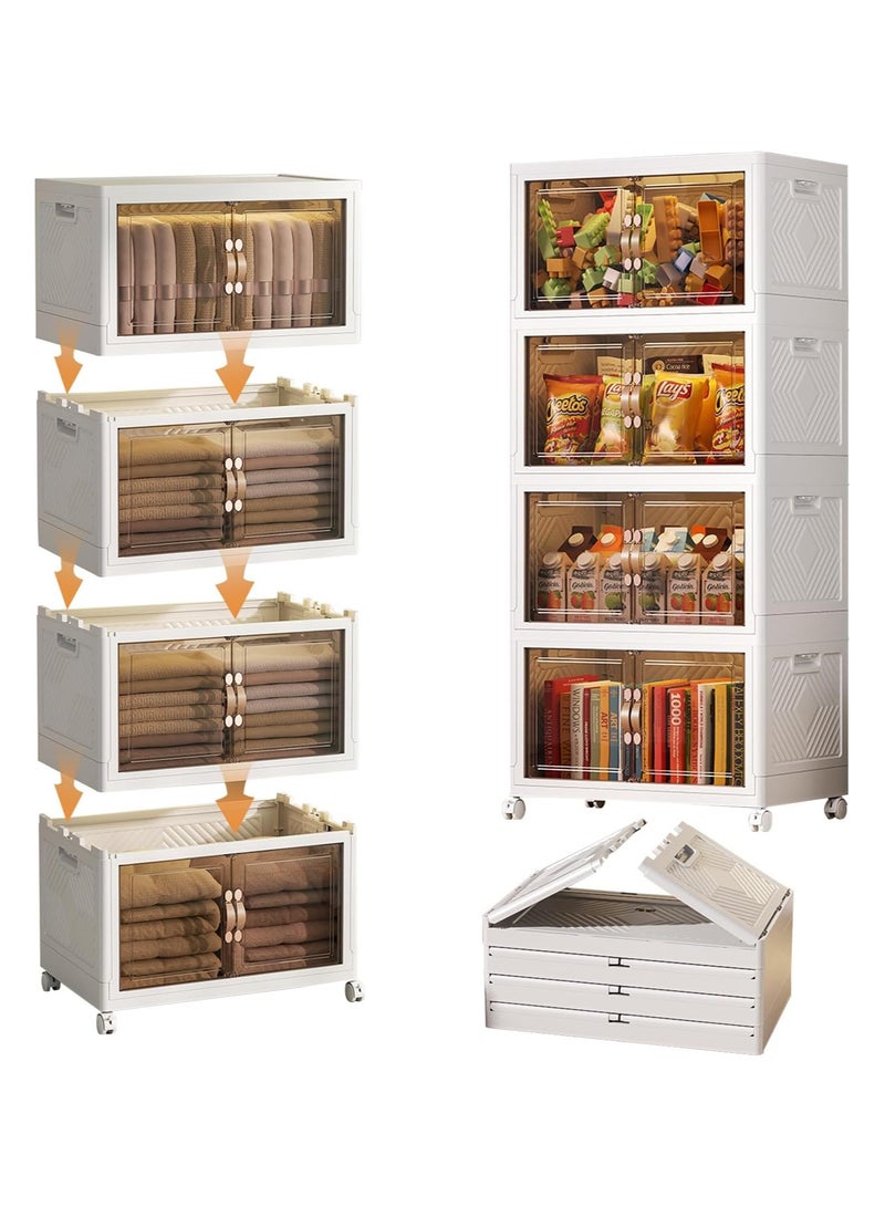 بريمو بلس صندوق تخزين بلاستيكي قابل للطي 4 طبقات مع عجلات وأبواب، صندوق تخزين كبير جدًا مع منظمات للغطاء، صناديق تخزين قابلة للتكديس، منظمات خزانة بباب مزدوج مغناطيسي مع بكرة عالمية - Image 1