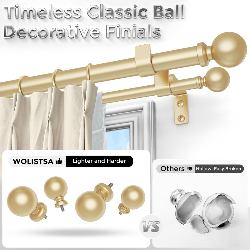 Wolistsa Double Curtain Rod, 1 Inch Gold Dual Curtain Rods for Windows 48 to 84 Inch, Decorative Adjustable Heavy Duty Telescopic Spliced Window Treatment Rods Set for Bedroom Living Room Farmhouse - Image 2