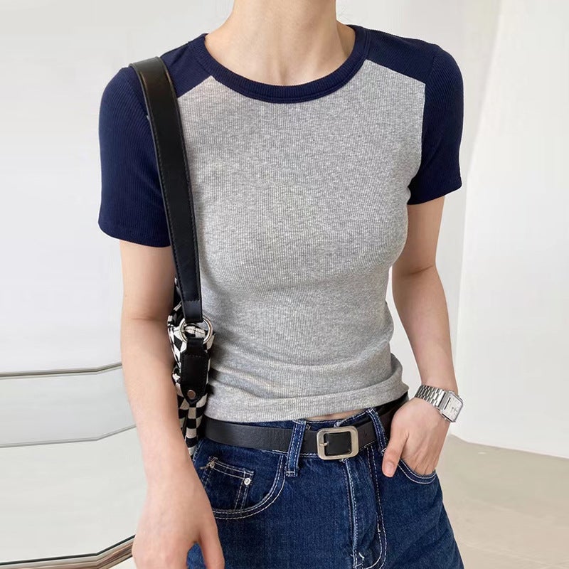 Western-Style Splicing Short-Sleeved T-Shirt for Women Summer Design 2025 New Slim-Fitting Top Retro Threaded Cotton Bottoming Shirt - Image 2