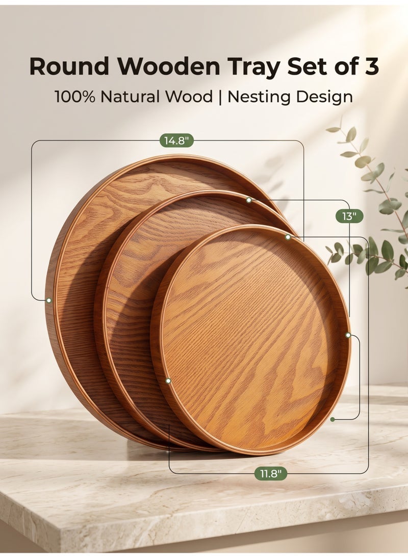 nihao 3 Pcs Handmade Tea Serving Tray Set, Solid Wood Serving Tray, Decorative Serving Trays Platter Round Non-Slip Tea Coffee Snack Pizza Plate Food Meals Serving Tray with Raised Edges for Home Kitchen Restaurant-37.5CM+33CM+30CM,Brown - Image 1