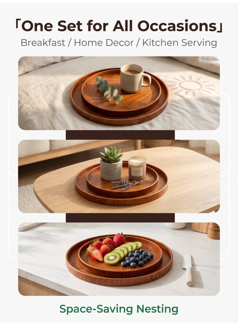 nihao 3 Pcs Handmade Tea Serving Tray Set, Solid Wood Serving Tray, Decorative Serving Trays Platter Round Non-Slip Tea Coffee Snack Pizza Plate Food Meals Serving Tray with Raised Edges for Home Kitchen Restaurant-37.5CM+33CM+30CM,Brown - Image 3
