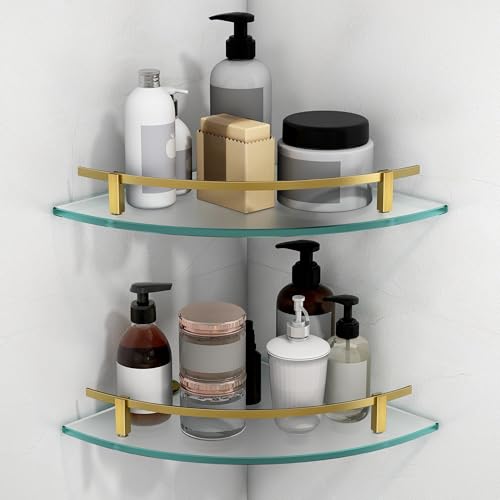 Plantex Bathroom Side Corner Glass Shelf/Kitchen Glass Corner Shelf/Living Room Wall Mount Shelf with Brass Antique Railings and Brackets (9x9 Inches, Pack of 2 - Frosted) - Image 1
