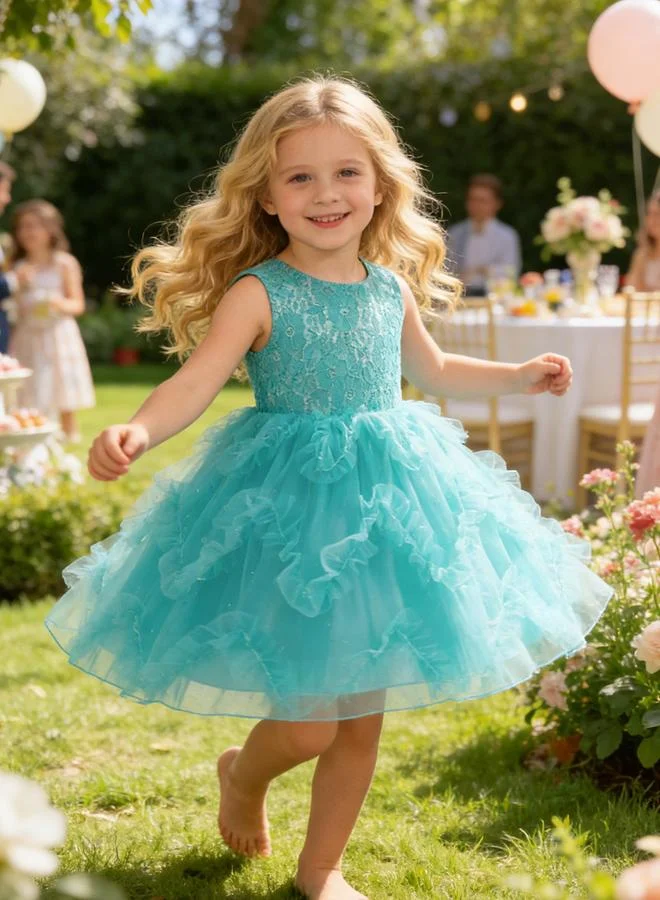 Take Two Girls Blue Sleeveless Ruffled Hem Dress