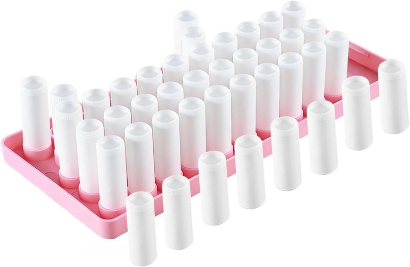Lip Balm Tube Set with Spatula, 50 Pcs, White Empty Plastic Tubes, Tray 10 X 4.5 X 0.7 in/Pink, DIY Lipstick Container for Homemade Lip Care - Image 1