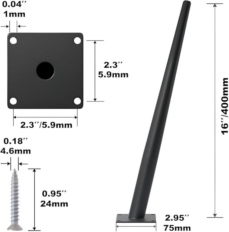 Ventuos_Set of 04 Round Inclined Sleek Tapered Chair Legs Sofa Table Legs Furniture Legs Tool_ Inclined with Mounting Screws 16 Black - Image 3